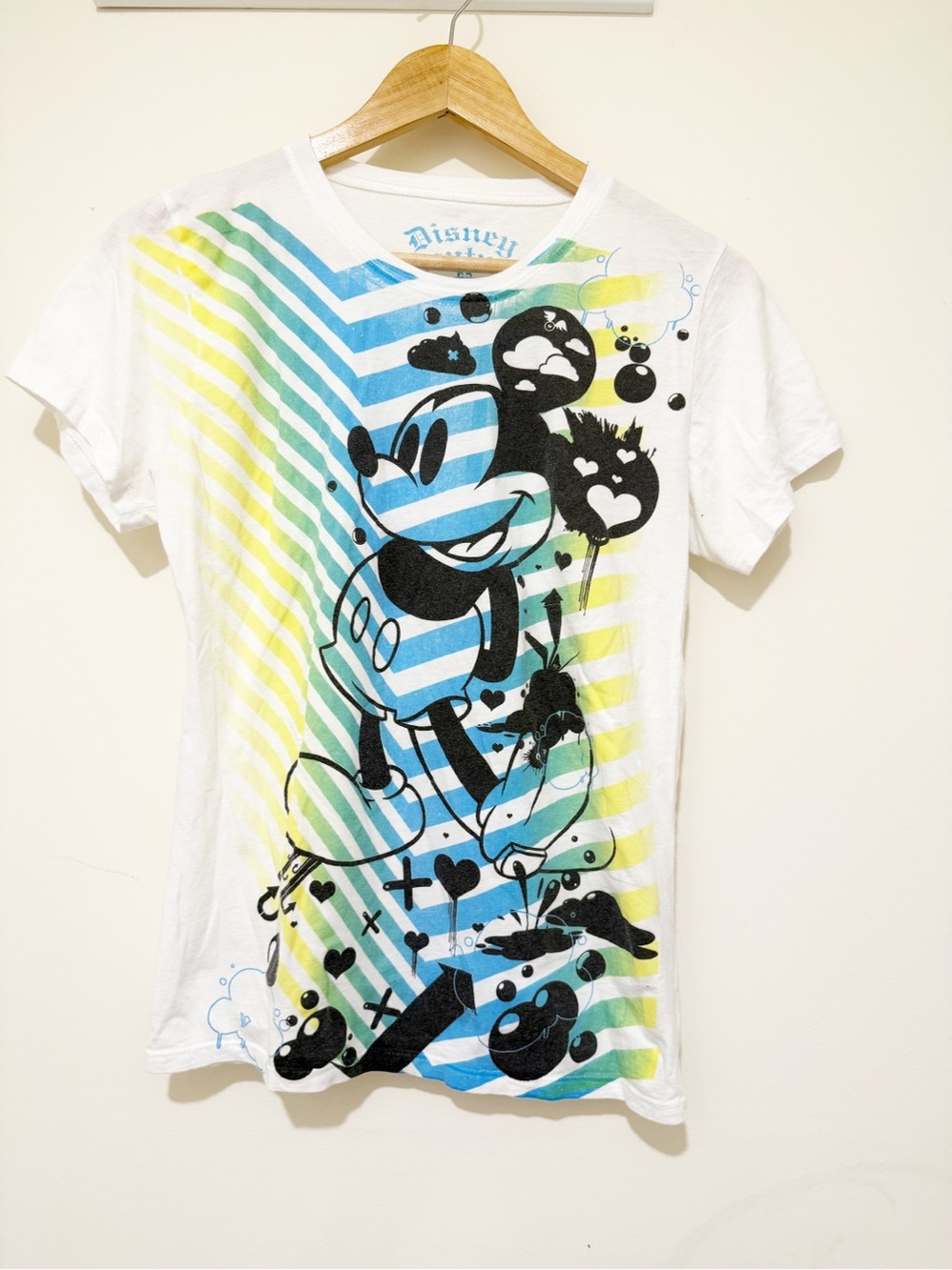 Disney White Tee with Black Mickey and Blue & Yellow Stripe Accents